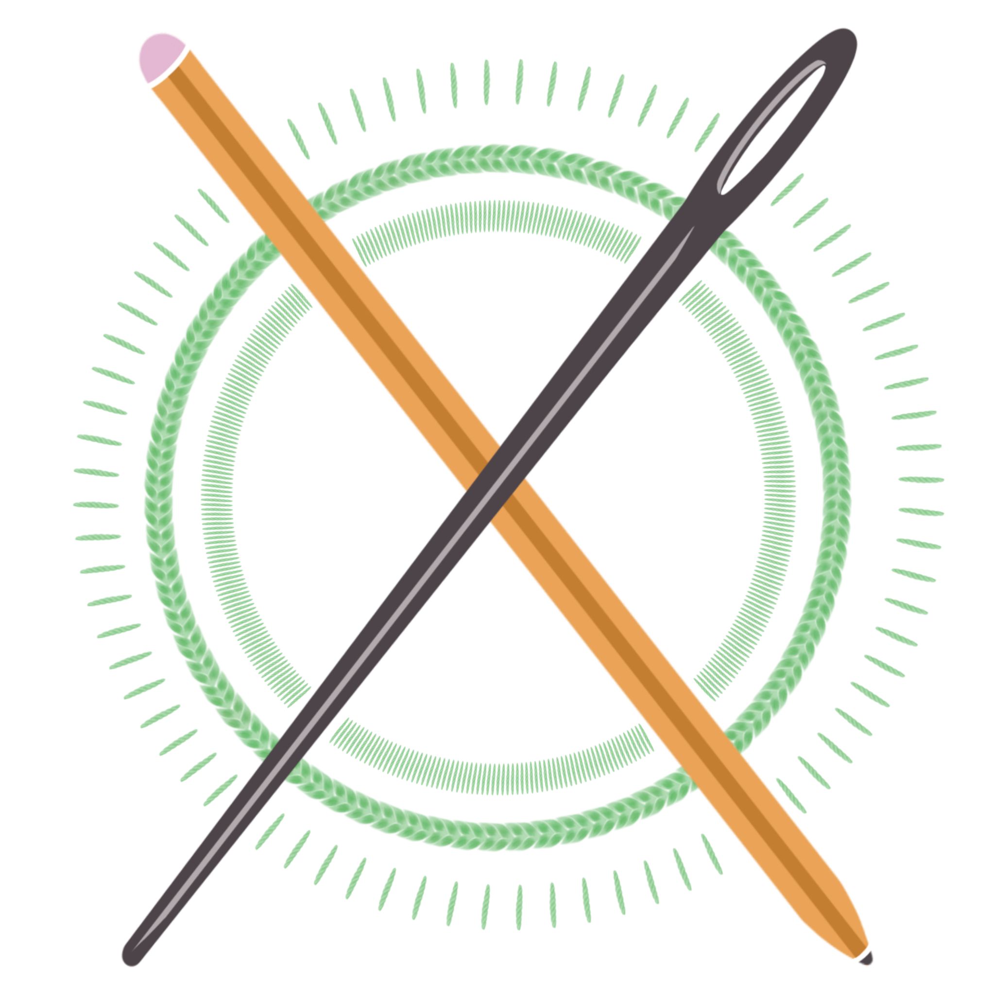 symbol for custom made embroidery. A needle and pencil crossed, on top of a variety of threads