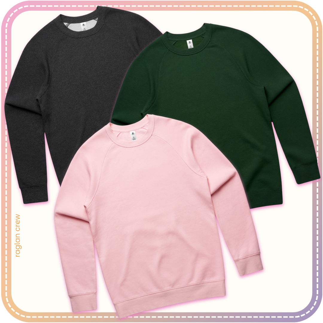 different colours of raglan sleeve crew neck jumpers available