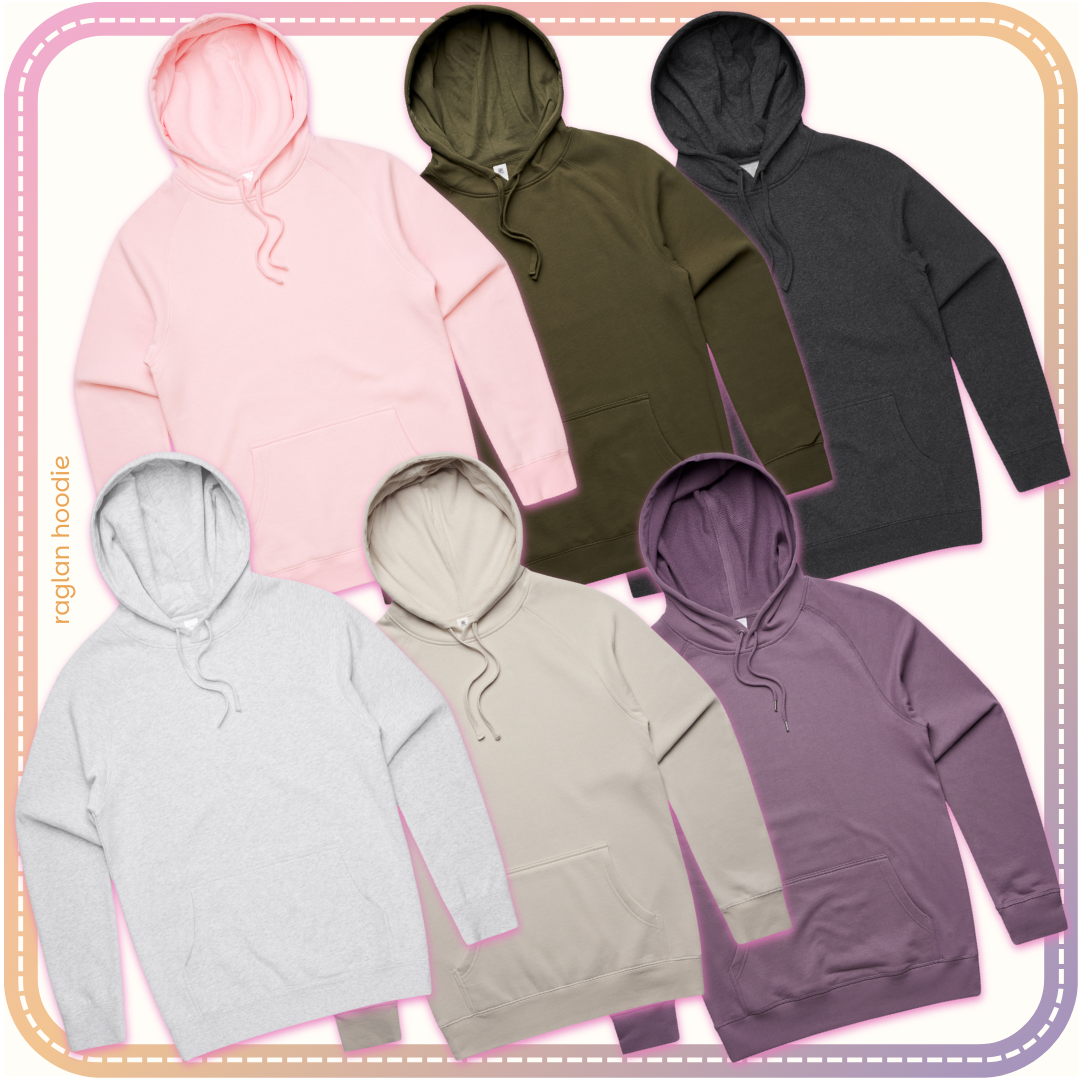 different colours of raglan sleeve hoodies available