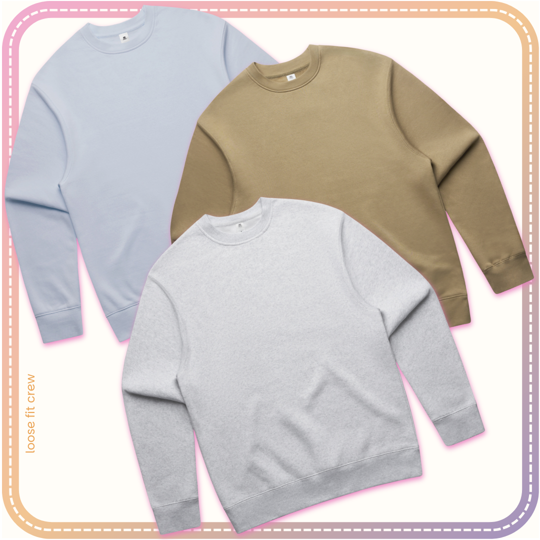 different colours of loose fit crew neck jumpers available