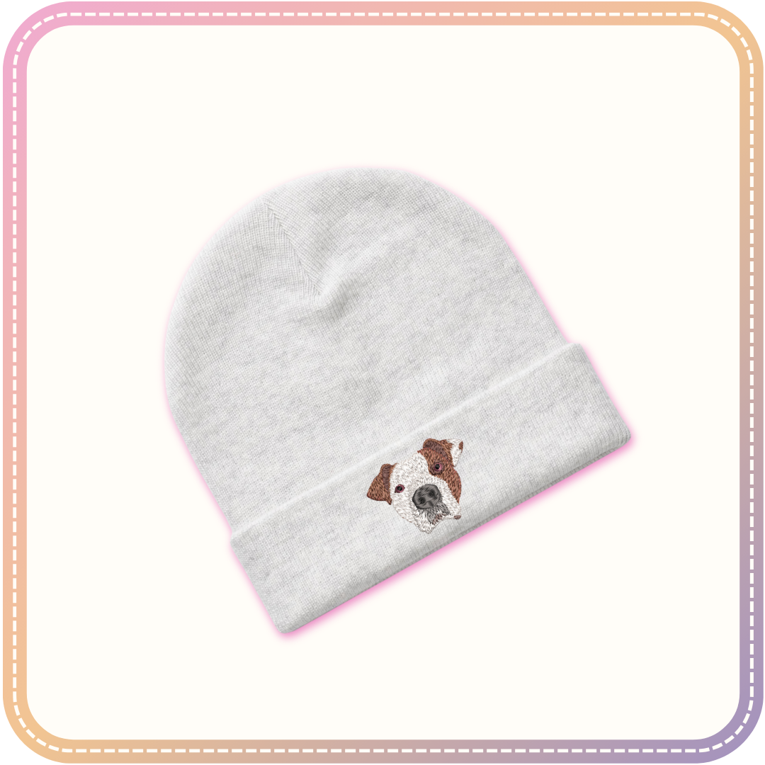 grey beanie with dog embroidery mockup