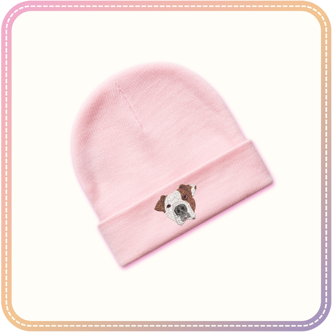 pink beanie with dog embroidery mockup
