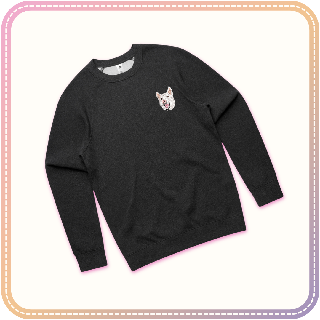 asphalt grey crew neck jumper mockup with dog embroidery
