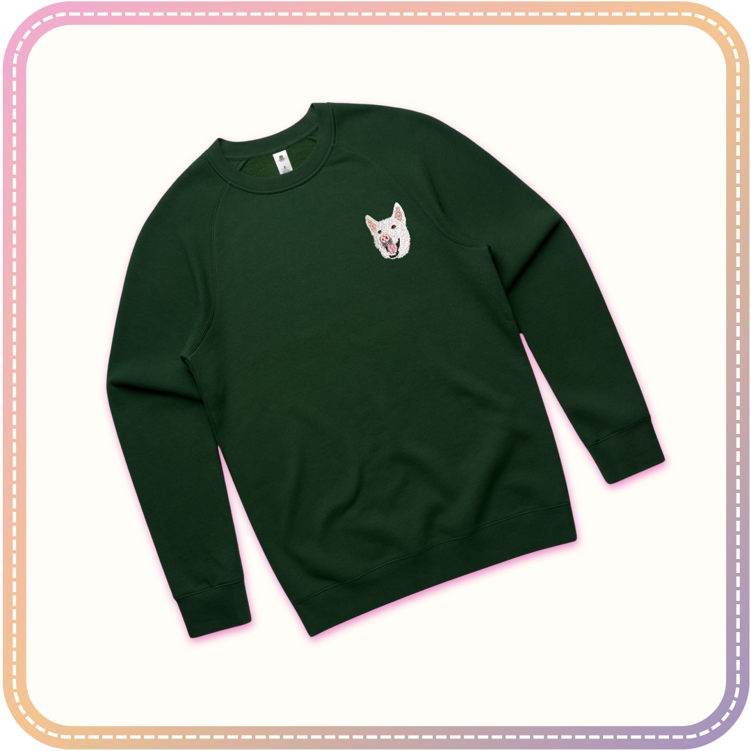 forest green crew neck jumper mockup with dog embroidery