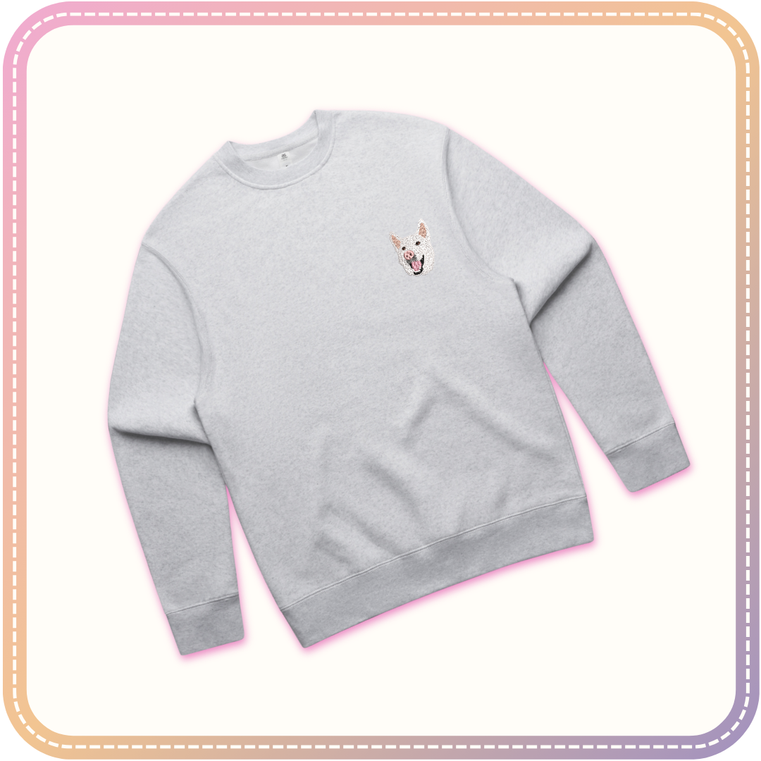 grey marle crew neck jumper mockup with dog embroidery