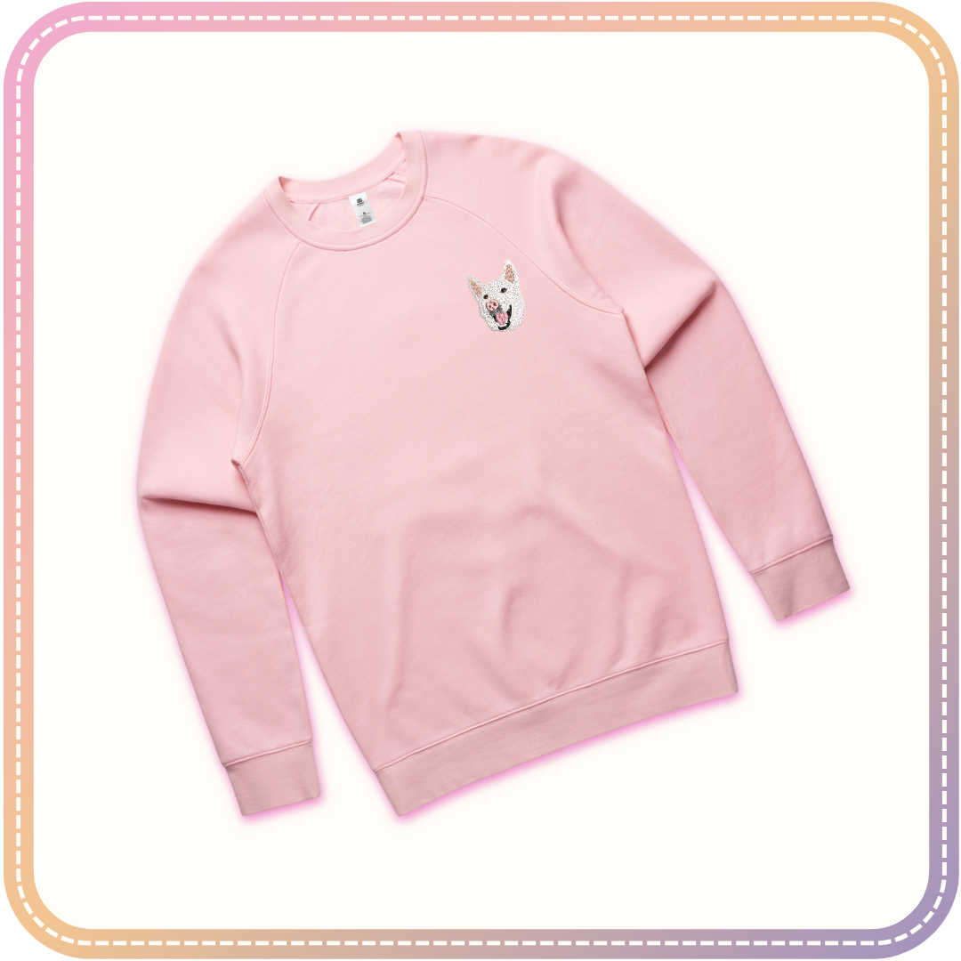 soft pink crew neck jumper mockup with dog embroidery