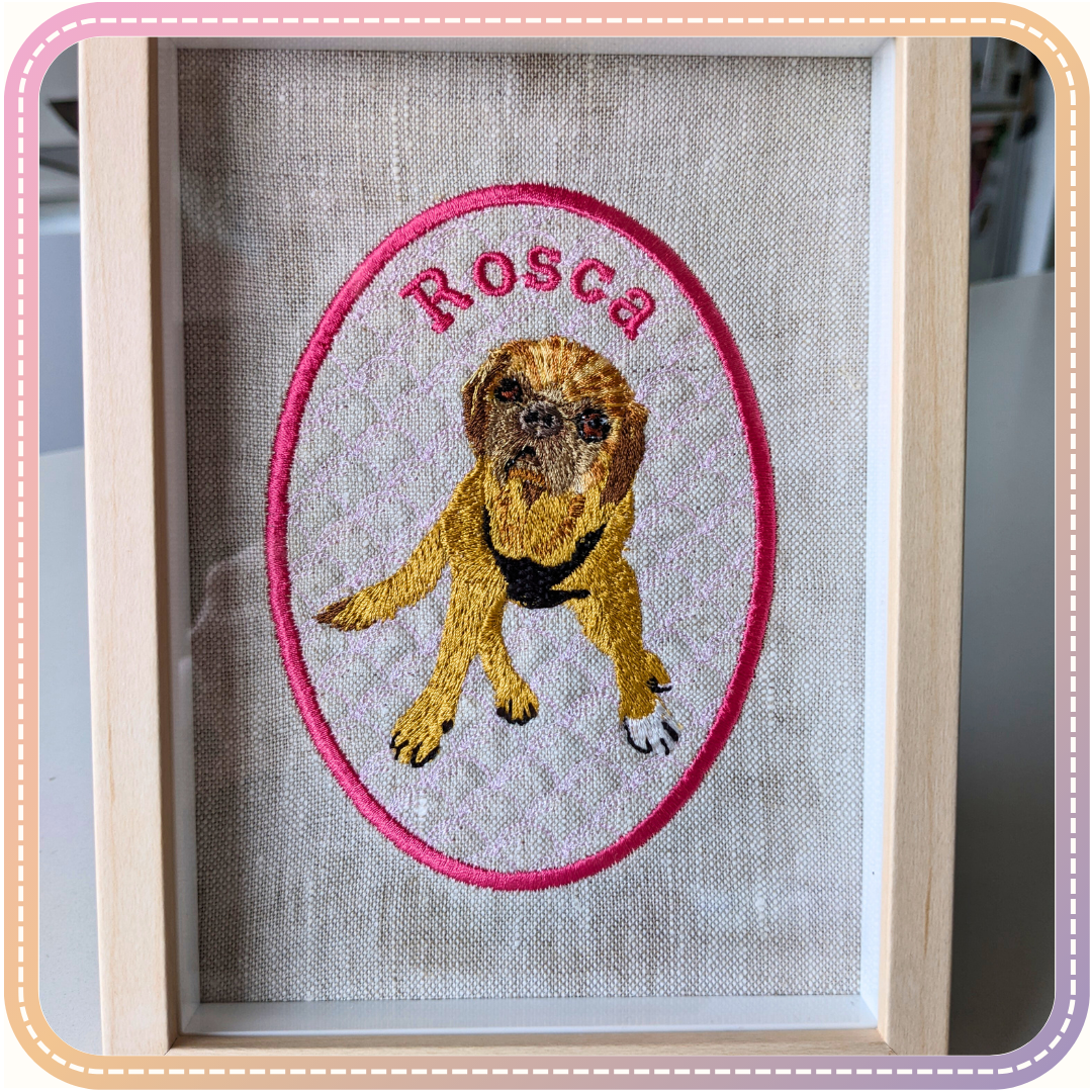 framed embroidery of a dog called Rosca