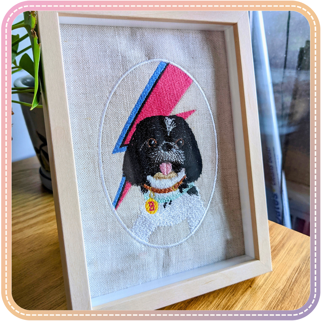 framed pet embroidery of a shih tzu named Bowie
