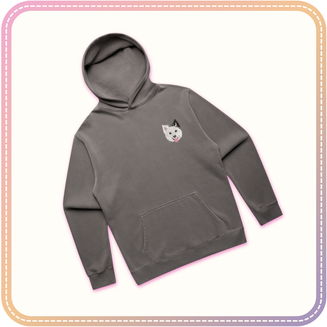 grey hoodie with dog embroidery mockup