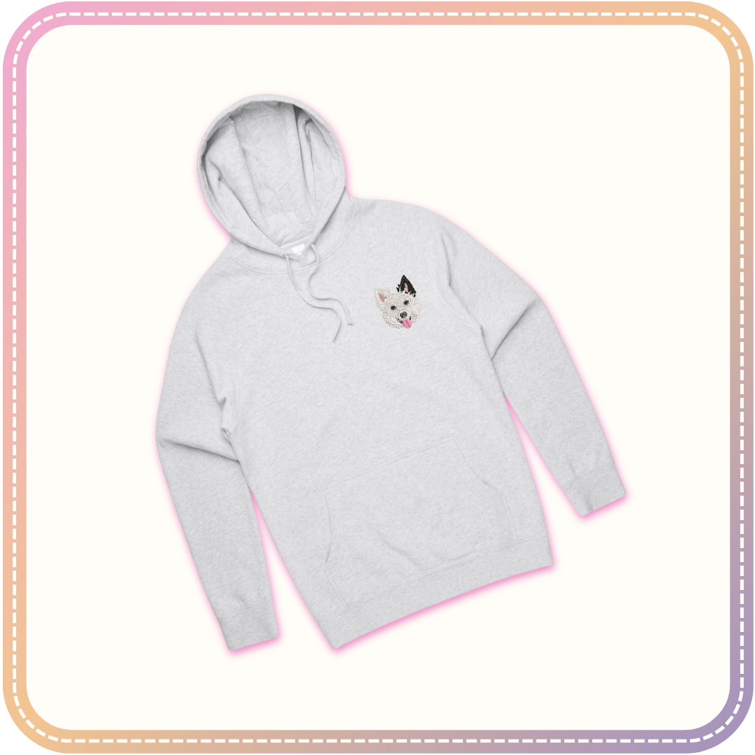 white marle hoodie with dog embroidery mockup