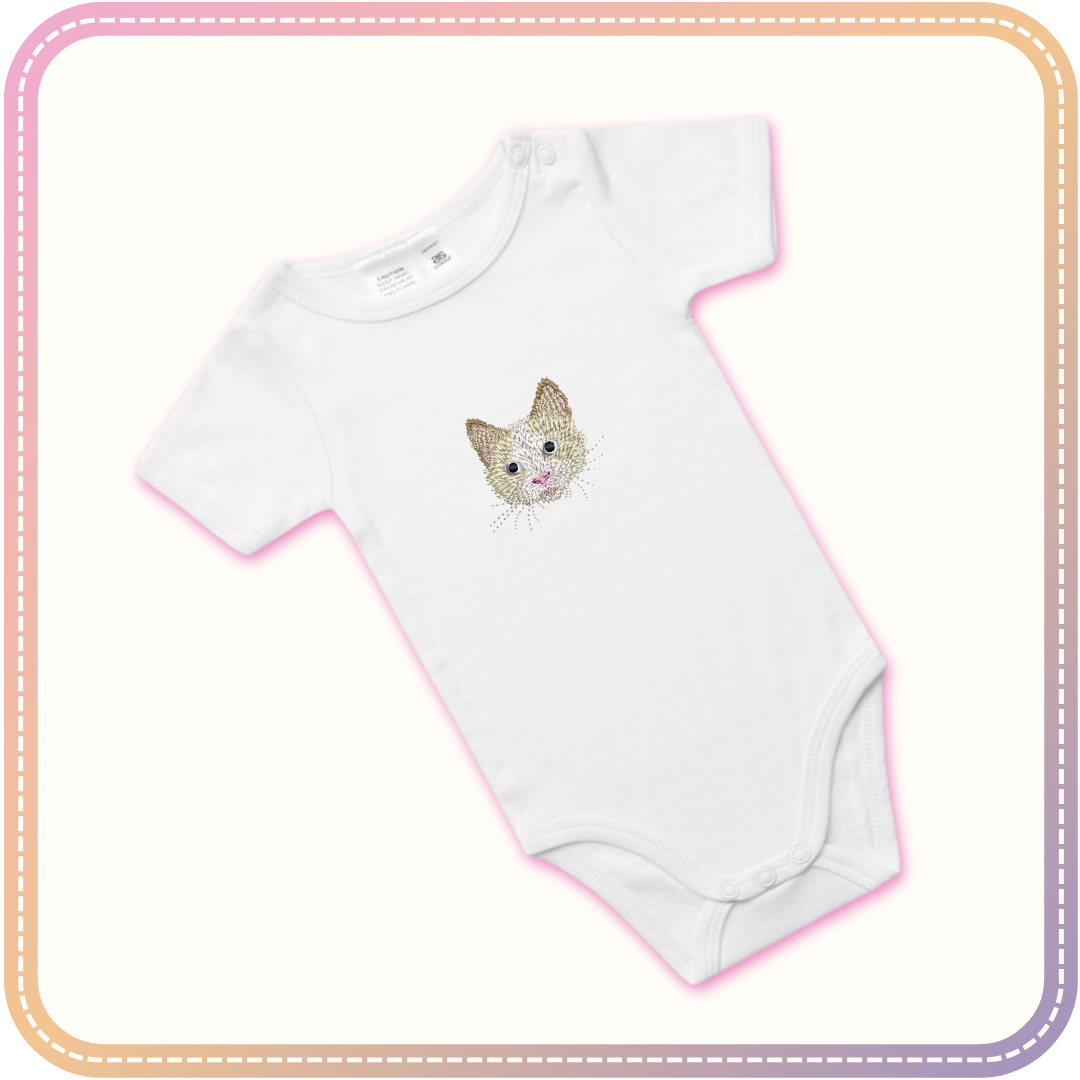 mockup of a white baby onesie with a cat embroidered in the centre