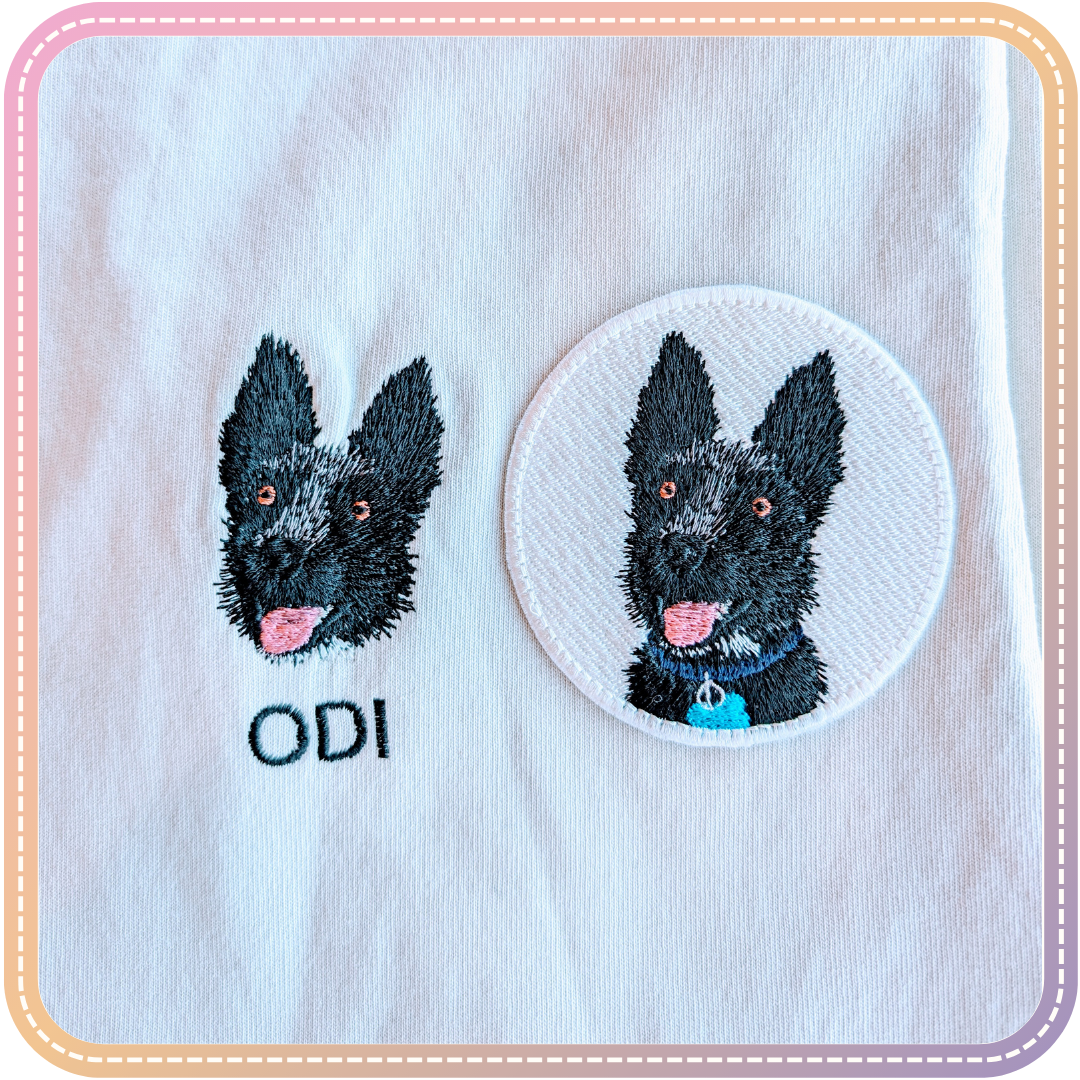 patch and tshirt side by side of a black dog called Odi