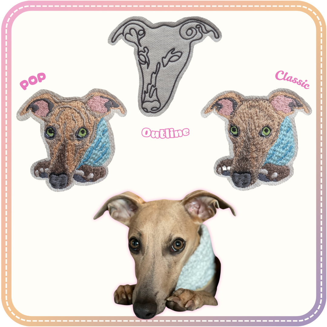 examples of the three different embroidery styles available for the Whippit Kemba