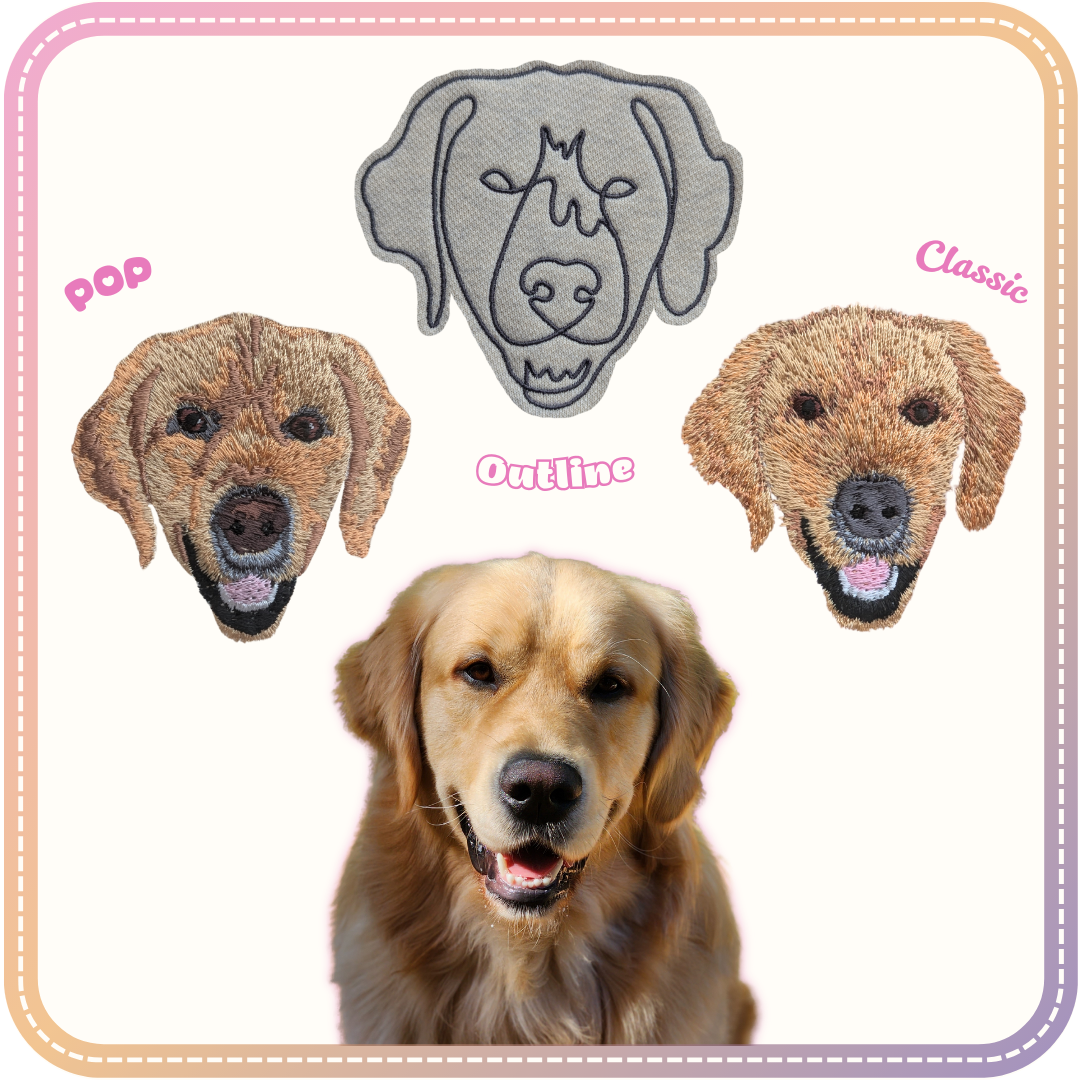 examples of the three different embroidery styles available for the Golden Retriever Kobe