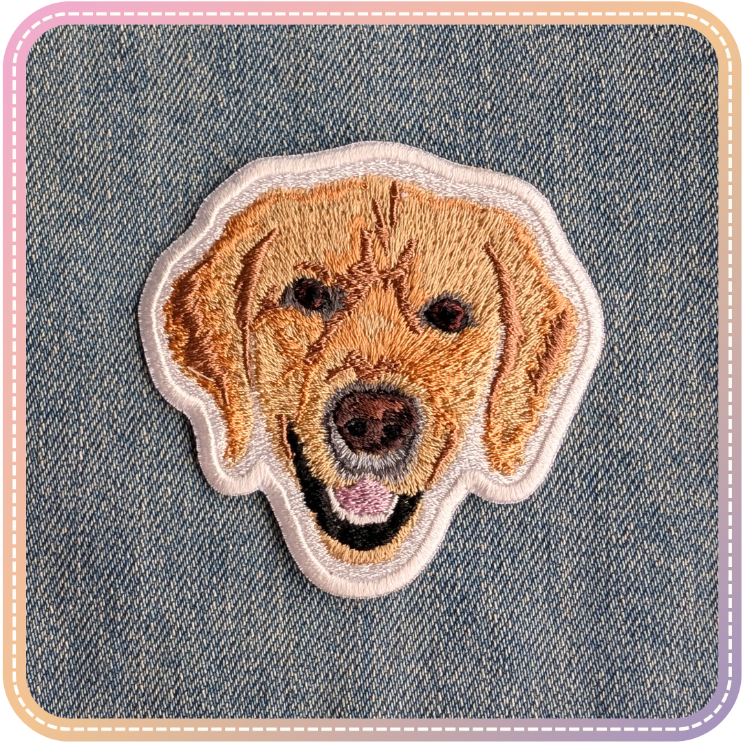 An embroidery patch of Kobe, the Golden Retriever