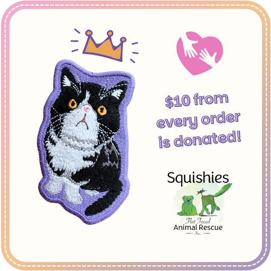 image of an embroidery patch of a black and white tuxedo cat with a squishy face (Maude) plus a logo for Squishies Animal Rescue