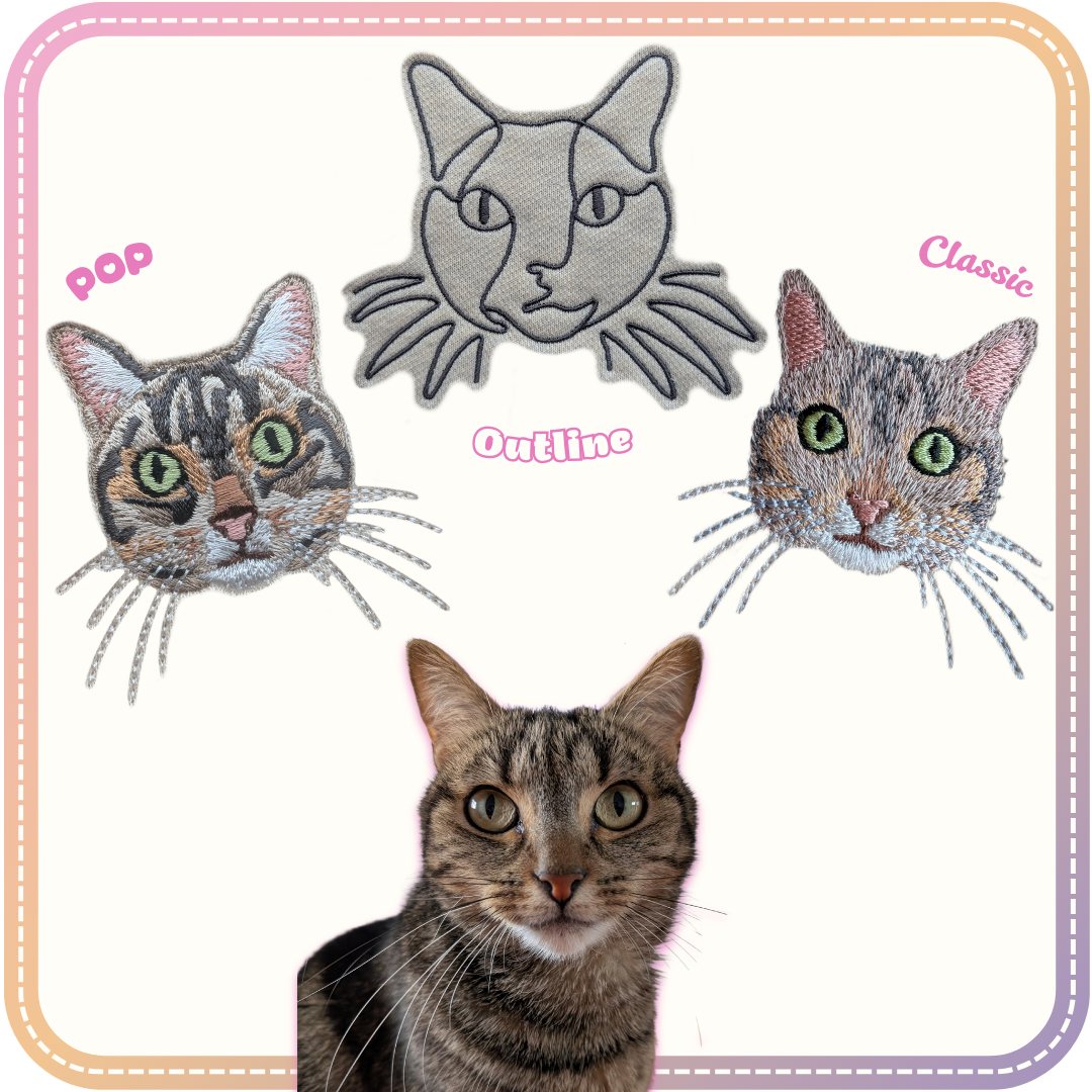examples of the three different embroidery styles available for the tabby cat Morgan